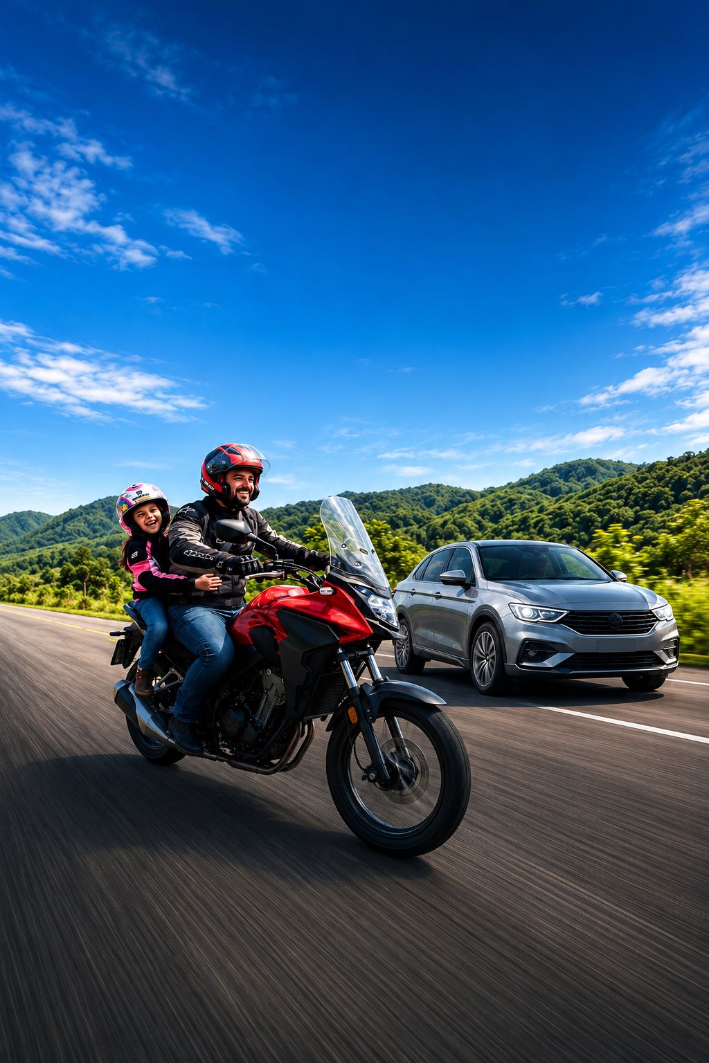 Motocicleta e automóvel em uma estrada