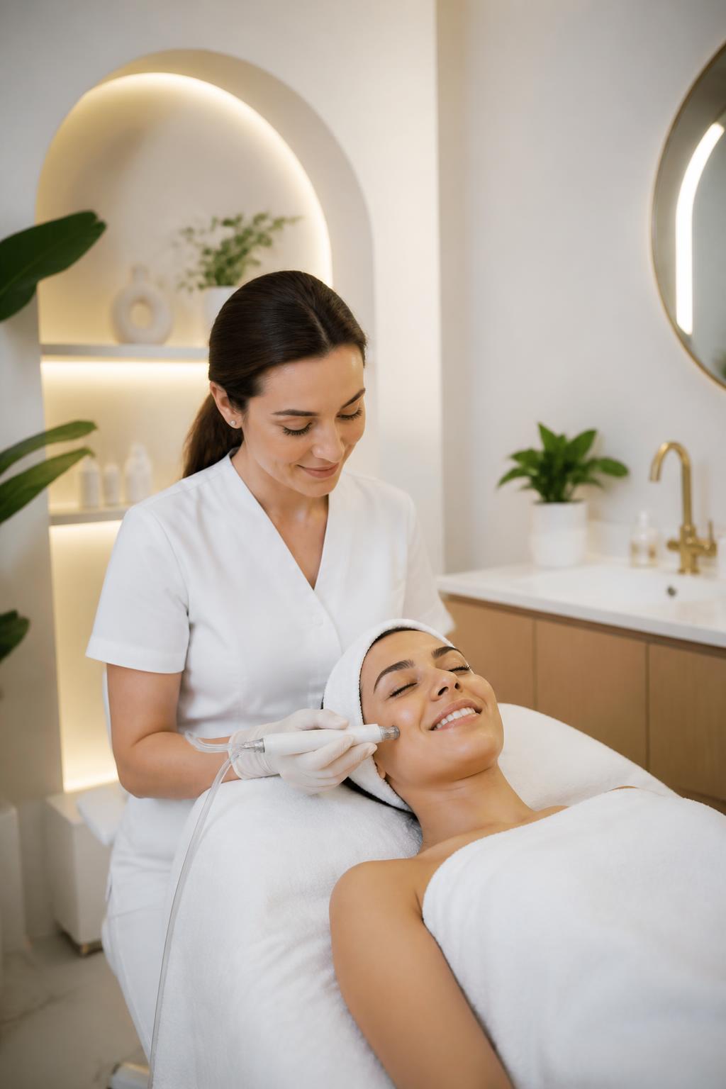 Profissional realizando tratamento facial em clínica de estética moderna