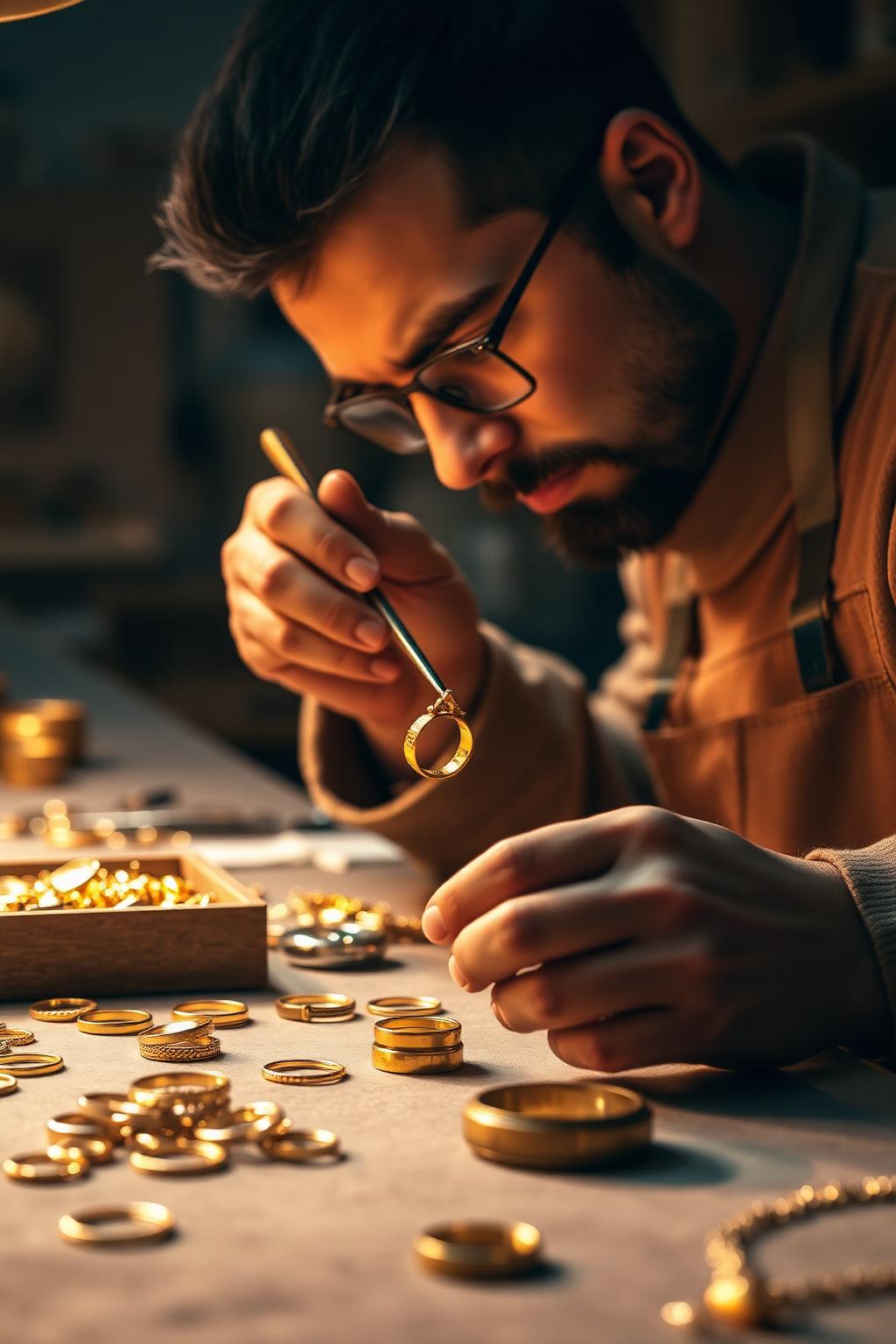 Joalheiro artesão confeccionando um anel de ouro em oficina com joias e barras de ouro