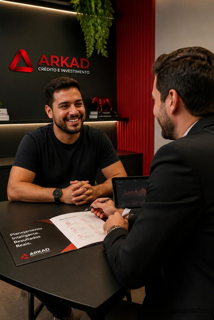 Cliente conversando com consultor da Arkad em uma mesa do escritório